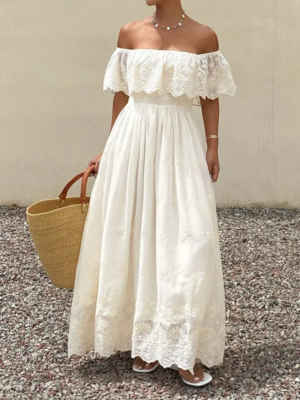 Apricot Boho Women's Vacation Embroidered Off-Shoulder Ruffle Sundress - Picture 6 of 7